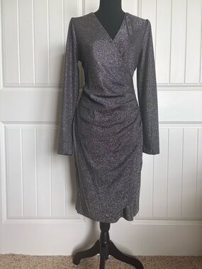 DKNY Metallic Sheen Long-Sleeve Wrap-Style Midi Dress - Purple/Black